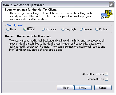 Security settings for the MonTel Client
